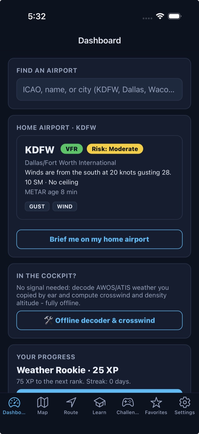 WxDecoder dashboard with XP progress