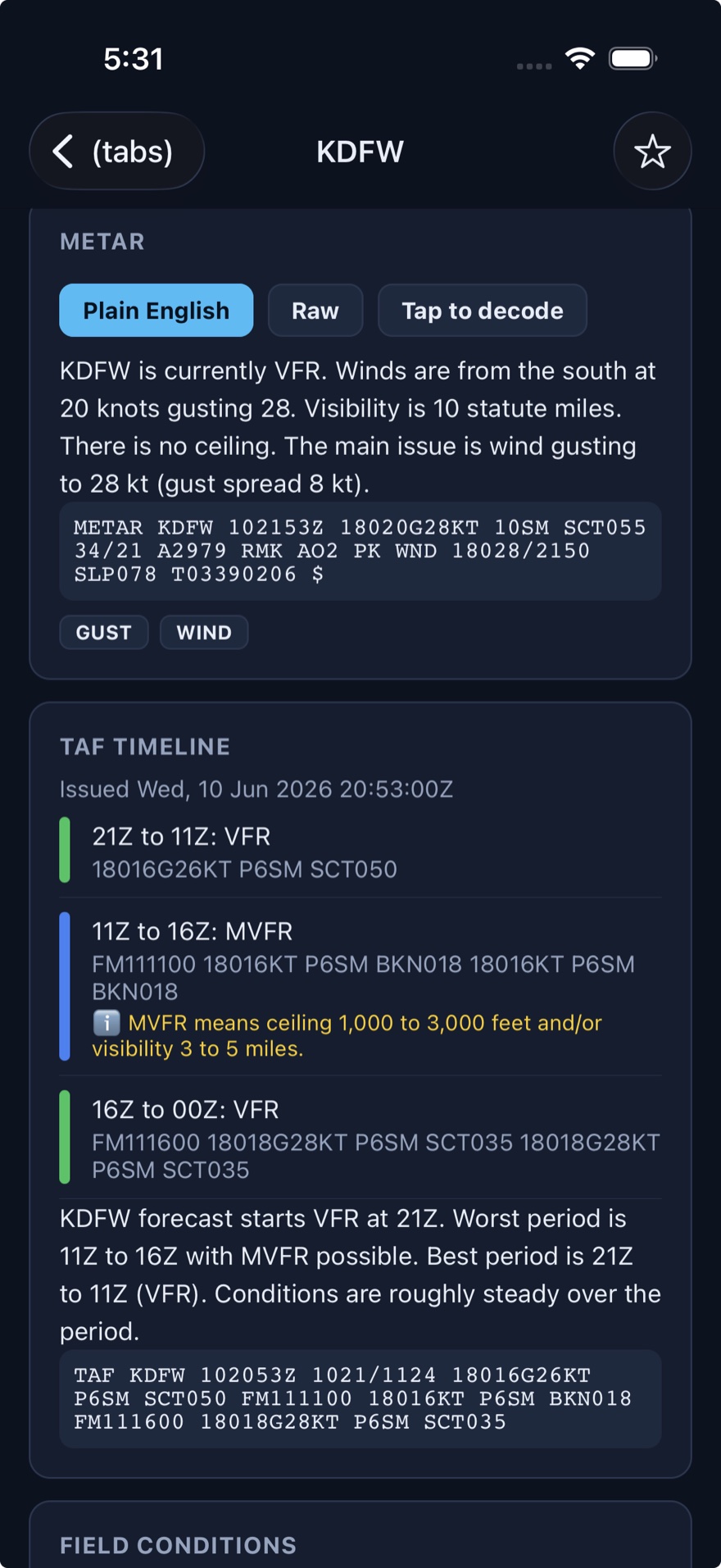TAF timeline screen from the WxDecoder app